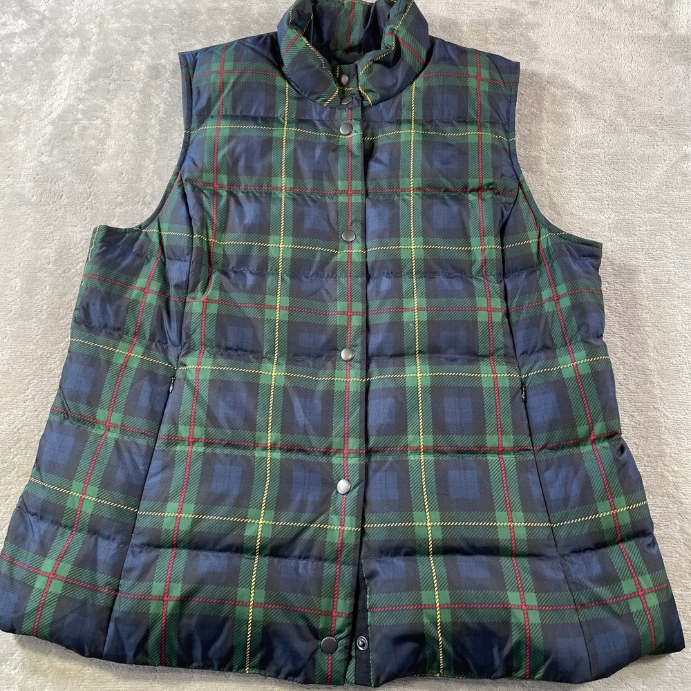 J Jill Down Puffer Vest Women XL Green Tartan Plaid Snap Holiday Casual Pocket